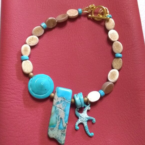 Coastal Cowgirl! Sea Sediment Jasper + Starfish + Shell Beaded Toggle Bracelet - Picture 4 of 9